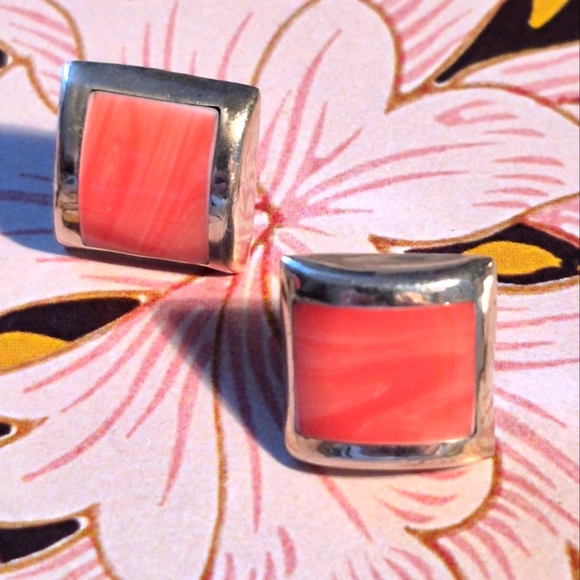 Rare Pink Coral 925 Sterling Silver Square Rare  Pink Coral and  Earrings - Picture 4 of 9
